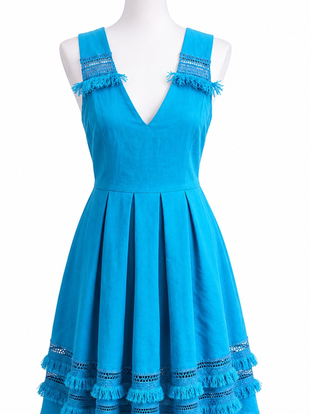 Belle Badgley Mischka Aqua Linen Fringe Trim Fit & Flare Midi Dress 4